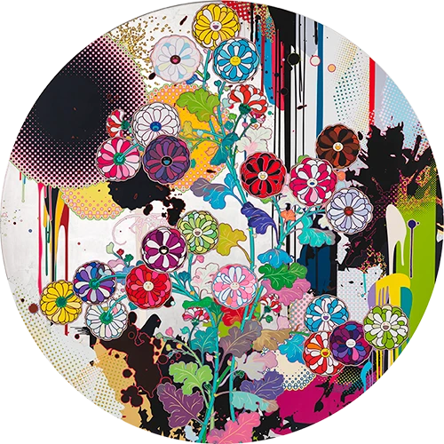 村上隆《琳派のお花と抽象的図像》 2023–2024年　アクリル絵具、プラチナ箔、カンヴァス、木製パネル150φ cm