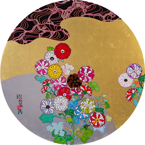 村上隆《尾形光琳の花》 2023-2024年　アクリル絵具、金箔、プラチナ箔、カンヴァス、木製パネル120φ cm 